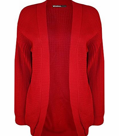 WearAll Plus Womens Long Sleeve Open Top Ladies Fisherman Knitted Cardigan - Red - 16-18