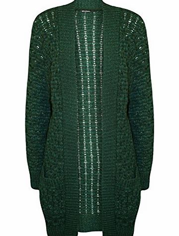 WearAll Plus Womens Long Sleeve Pocket Chunky Ladies Cable Knitted Cardigan - Green - 14-16