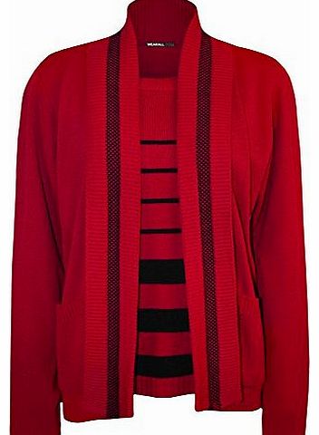 WearAll Plus Womens Striped Long Sleeve Pocket Top Ladies Knitted Cardigan - Red - 18-20