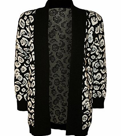 WearAll Womens Animal Leopard Print Pattern Knitted Ladies Open Cardigan Top - Black - 12-14