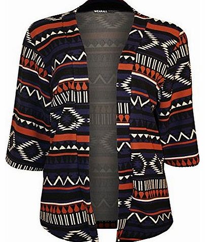 WearAll Womens Crepe Aztec Print 3/4 Kimono Sleeve Top Ladies Open Cardigan - Black Purple - 8-10
