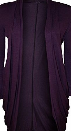 WearAll Womens Open Cardigan Ladies Plain Long Sleeve Ruched Pocket Stretch Top - Purple - 12 / 14