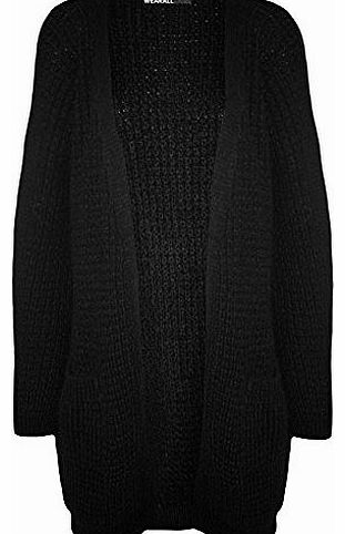 Womens Plain Woolly Long Sleeve Pocket Top Ladies Open Knitted Cardigan - Black - 12
