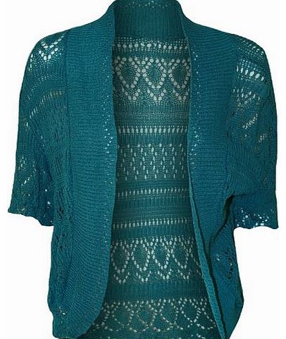 WearAll Womens Plus Size Crochet Knitted Short Sleeve Ladies Open Cardigan Top - Teal - 18-20