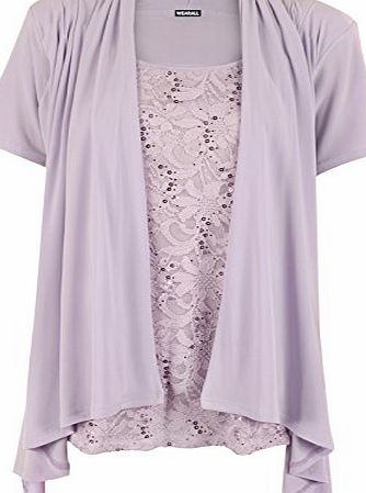 WearAll Womens Plus Waterfall Lace Sequin Insert Short Sleeve Ladies Open Cardigan 12 - Lilac - 16-18