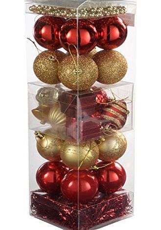 WeRChristmas 28-Piece Deluxe Variety Christmas Tree Baubles Decoration Pack with Tinsel and Beads, Red/ Gold