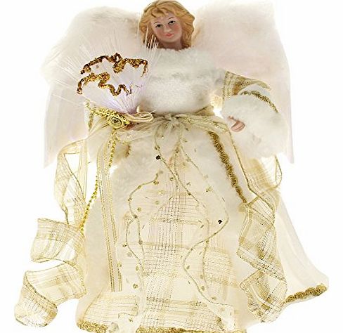 30 cm Fibre Optic Christmas Tree Top Topper Angel with Feather Wings, Cream/ Gold