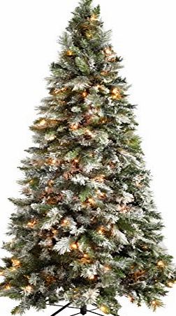 6 ft/ 1.8 m Slim Snow Flocked Spruce Pre-Lit Multi-Function Christmas Tree with 300 Warm White LED Lights/ 8 Setting Controller/ Easy Build Hinged Branches