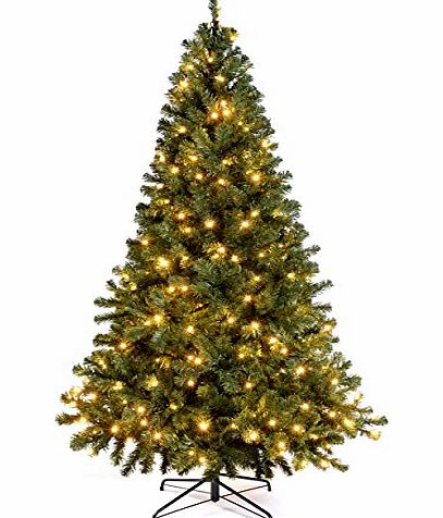 6 ft/ 1.8 m Spruce Pre-Lit Multi-Function Christmas Tree with 200 Warm White LED Lights/ 8 Setting Controller/ Easy Build Hinged Branches, Emerald Green