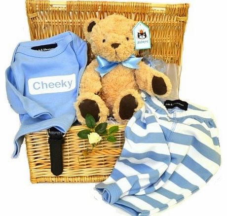 Wickers Gift Baskets Baby Boy Hamper- Willow Baby Hamper with Beautiful Cotton Clothes and a Cuddly Teddy. Unique hampers