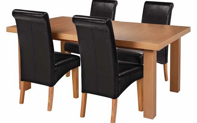Oak Dining Table and 4 Black Leather