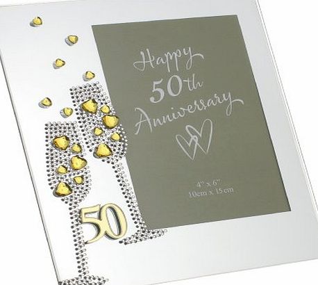 Diamante Champagne Glasses Golden 50th Wedding Anniversary Glass Photo Frame 7.5`` x 6.5`` WG45450