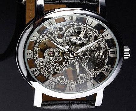Winner Mens Winner *Hot Sell 2013* Stainless Steel Silvered Skeleton Dial Mechanical Hand-Wind Luxury Black Leather strap Wrist Watch - Free UK Delivery   Gift Box Included!