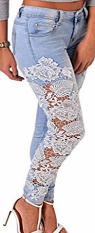 WINWINTOM Long Lace Floral Skinny Spliced Hollow out Hole Straight Denim Jeans (M)