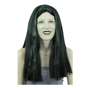 witch Wig, Black with Green Streaks