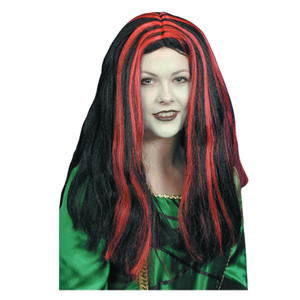 witch Wig, Black with Red Streaks