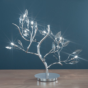 Albero Modern Table Light In Chrome With Decorative Leaf Shaped Clear Glass