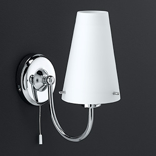 Dallas Modern Chrome Wall Light With A White Glass Shade And Pull Cord Switch