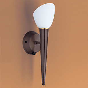 Wofi Lighting Leika Modern Torch Style Wall Light In Brown Rust Effect With A White Glass Shade