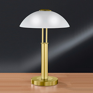 Wofi Lighting Prescot Energy Saving Brass Matt Modern Table Light With A White Dome Shaped Glass Shade