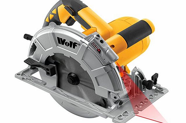 Wolf 240v 1600watt 185mm Circular Plunge Mitre Bevel Saw with Laser Guide Cutting Includes 24T TCT Blade Complete with fully adjustable parallel guide and Aluminium Base