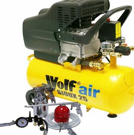 Wolf Air Sioux 24 Litre, 2.5HP Induction Motor, 9.5CFM, 230v, MWP 116psi Air Compressor   13 Piece Spray Air Tool Kit Including Pro Syphon Feed Spray Gun, Tyre Inflator, Long Nozzle Sprayer, Blow Gun,