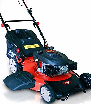 Fox 22`` (550mm) Self Propelled 4 in 1: Cut, Cut amp; Collect, Mulch, Side Discharge 4-Stroke Petrol Engine Lawn Mower 6.5HP Recoil Start, 60L Grass Collection Bag and Fitted Lawn Striper