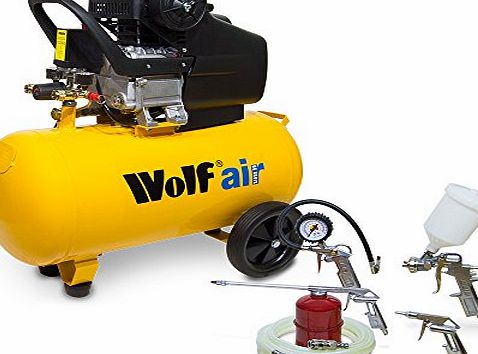Sioux 50, 2.5HP, 9.5CFM, 230V, MWP: 116psi, 50 Litre Air Compressor + 5 Piece Air Tool Kit which Includes: 5m Air Hose, Gravity Feed Spray Gun, Tyre Inflator, Long Nozzle Sprayer / Degreasing Gun