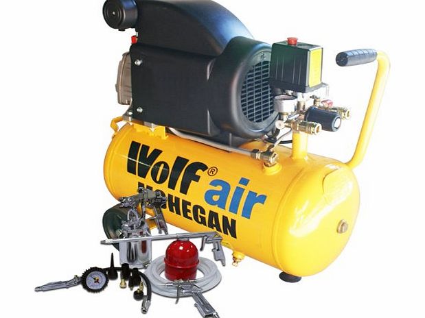 WOLF  Mohegan 24 Litre, 2HP, 7.4CFM, 240v, MWP 116psi Air Compressor Complete with Complete with 5 Piece Air Tool Kit which Includes: 5m Air Hose, Gravity Feed Spray Gun, Tyre Inflator, Long Nozzle Spr