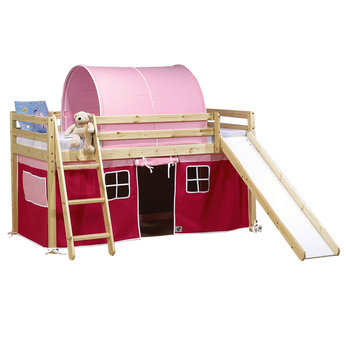 wooden Mid Sleeper Bed Frame with Slide and Pink Tent