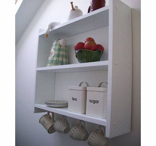 woodiquechic 60cm White Shelving Unit with Cup Hooks, Kitchen Shelves, Bedroom Shelves, Bathroom Shelves, Spice Rack, Bookcase.