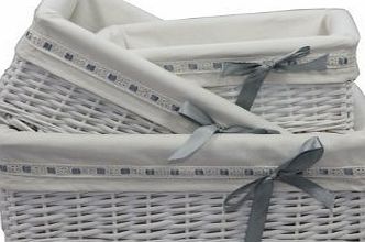 WoodLuv 1 X Woodluv Rectangular White Willow Wicker Hamper Storage Basket-With Cream Linning Grey Ribbon(Gift Hamper Basket ) -SMALL