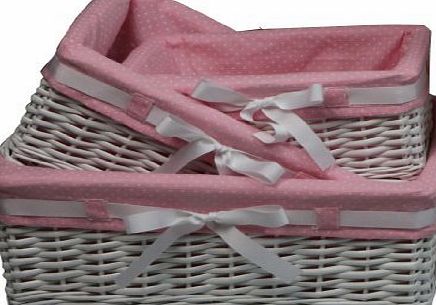 Woodluv 1 X Woodluv Rectangular White Willow Wicker Hamper Storage Basket-With Pink Dot Linning(Gift Hamper Basket ) -SMALL