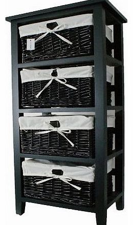 Woodluv  4 Drawer Wooden Storage Cabinet with Wicker Drawers/ Baskets-Bedroom/ Bathroom, Black