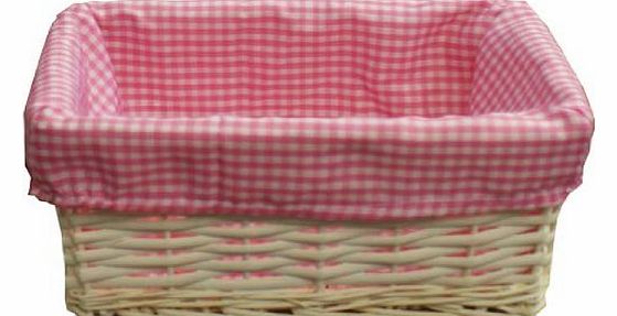 Woodluv  Small Wicker Storage Basket with Pink Gingham Lining, White