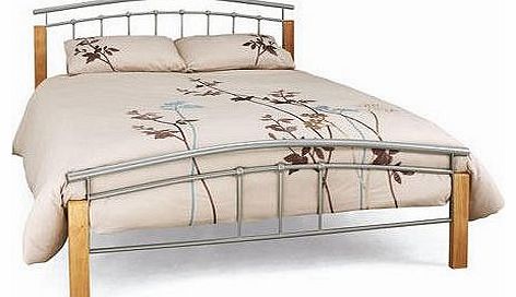 WorldStores Tetras Silver Bed Frame and Superior Comfort Salas Mattress - 4FT Small Double Bed with Mattress Set - Contemporary Metal Bedstead - Oak Legs - Curved Headboard - Coil Spring Mattress - Damask Cover -