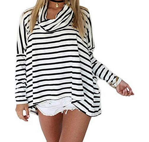 WOW Womens Fashion Cotton Loose Long Sleeves Poloneck Striped T-shirt Basic Tops Blouse
