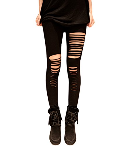 WOW Womens Sexy Fashion Punk Style Black Cropped Leggings With Hole Asymmetric Tights Pants (One Free Size, Black)