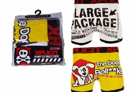 Xplicit Dog Pack Mens Twin Pack Funny Novelty Boxer Shorts Yellow/White XL