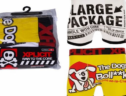 Xplicit Dog Pack Mens Twin Pack Funny Novelty Boxer Shorts Yellow/White XXL
