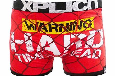 Xplicit Mens Designer Warning Hard Times Novelty Funny Shorts Boxer Trunks (MEDIUM, RED)