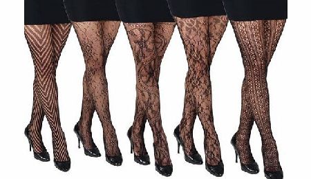 XS-Stock 5 Pairs Assorted Black Fishnet Patterned Fashion Tights