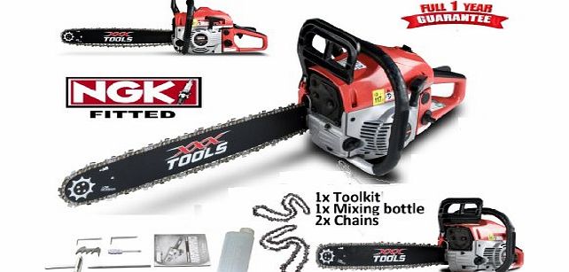 xxx powertools  58CC PETROL CHAINSAW 20`` BAR 2 CHAINS WALBRO CARB NGK PLUG ALLOY EASY START CARRY CASE SCABBARD TOOLKIT