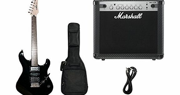 TG121U Black Electric Guitar amp; Marshall MG15CFR Guitar Amplifier With Reverb, Beginners Package Deal Including Gigbag amp; Guitar Lead