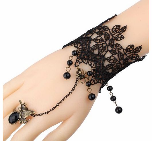 Black Lace Bracelets with Ring Lolita Butterfly Spider Tassels Beads Chain Metal