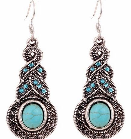 Yazilind Charming Ethnic Tibetan Silver Oval Rimous Turquoise Crystal Drop Dangle Earrings
