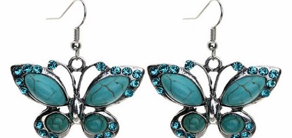 Yazilind Cute Butterfly Rhinestone Fine Crystal Tibetan Silver Turquoise Drop Dangle Earrings