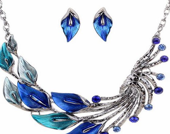 YAZILIND  Ethnic Style Tibetan Silver Blue Peacock Crystal Chunky Bib Earrings Necklace Set Wedding Party