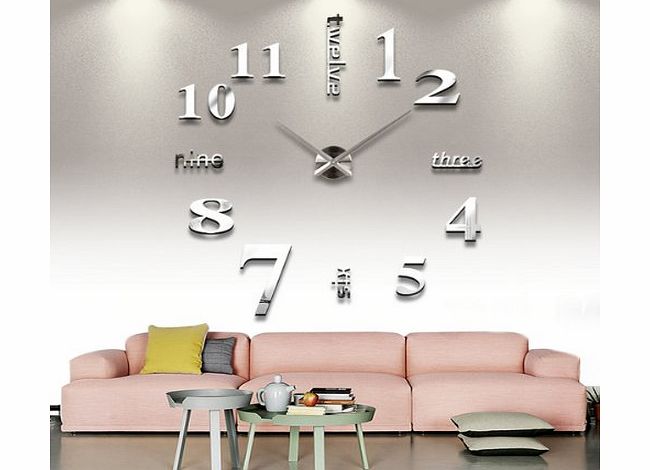 Yesurprise  Modern 3D Frameless Large Silver Wall Clock Style Watches Hours DIY Room Home Decorations Model MAX3 #6 Arabic Numeral English Words