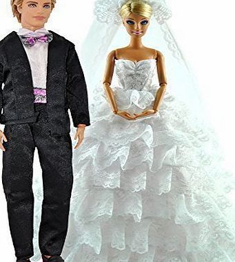Yiding Brandnew Fashion White Wedding Gown Dress amp; Formal Suit Clothes Outfit for Barbie Ken Dolls